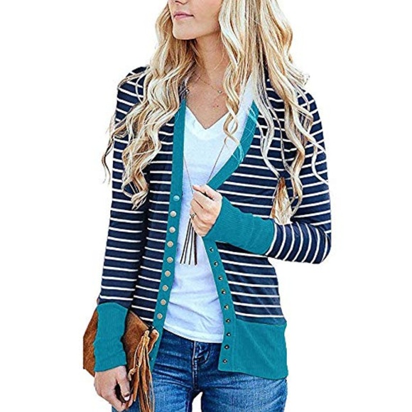 Sweaters - Teal Long Sleeve Button Up Striped Cardigan